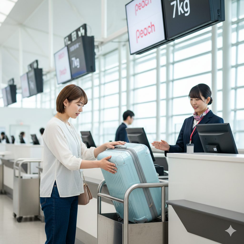 空港のカウンターで、キャリーケースのサイズ制限を示すゲージに入れようとして少し困っている日本人女性の旅行者。