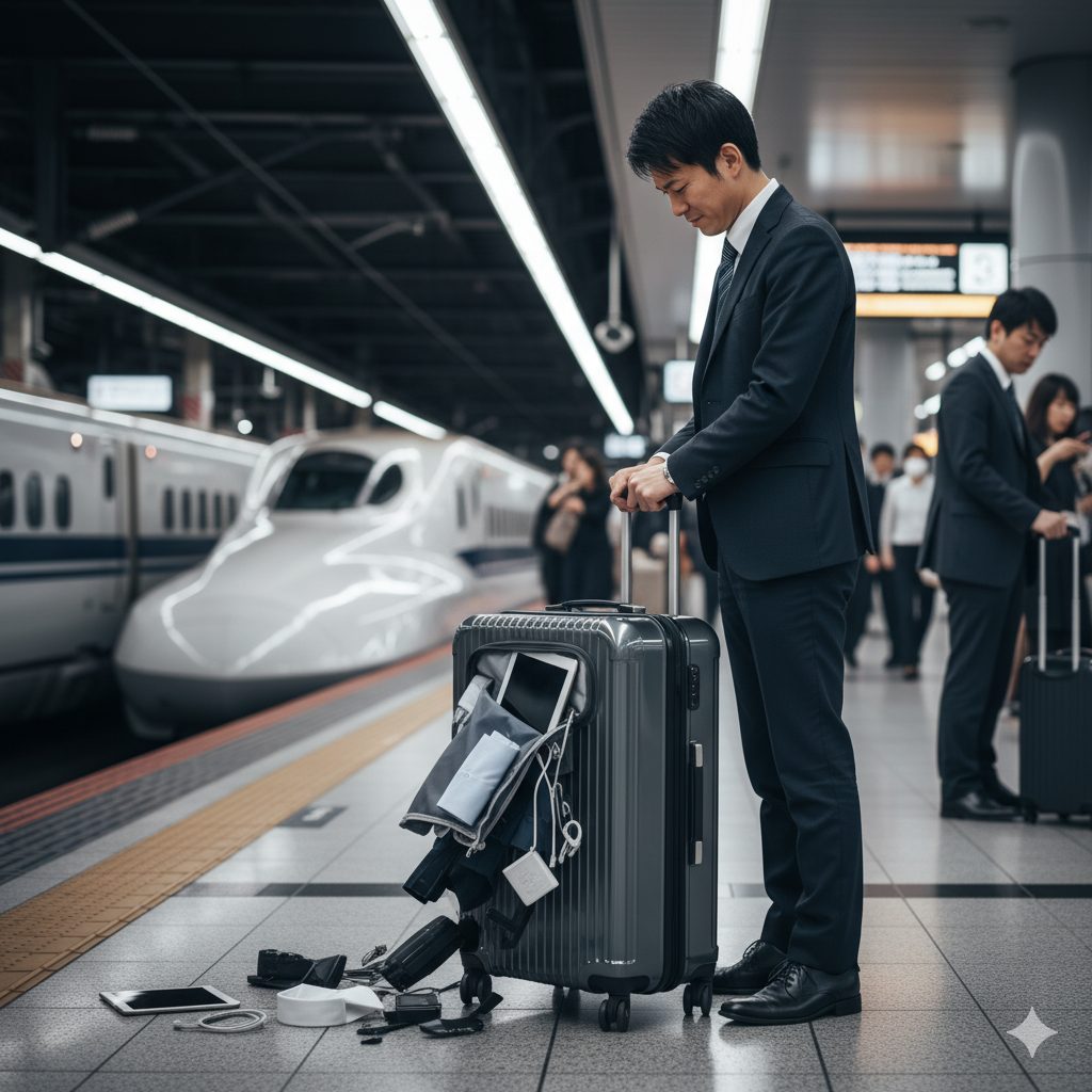 新幹線のホームで、フロントオープン型スーツケースから荷物がこぼれ落ちて困惑している日本人ビジネスマン。