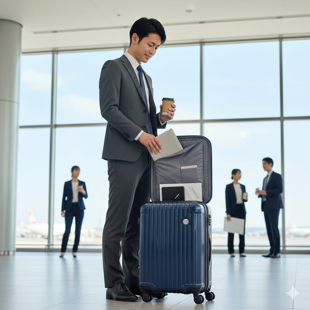 空港の出発ロビーで、フロントオープン型スーツケースからノートPCをスムーズに取り出す日本人ビジネスマン。コーヒーカップを持ち、スマートな印象。