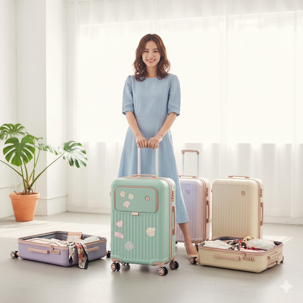 明るい部屋で、パステルカラーの可愛らしいフロントオープン型スーツケースに囲まれて笑顔で立つ日本人女性。