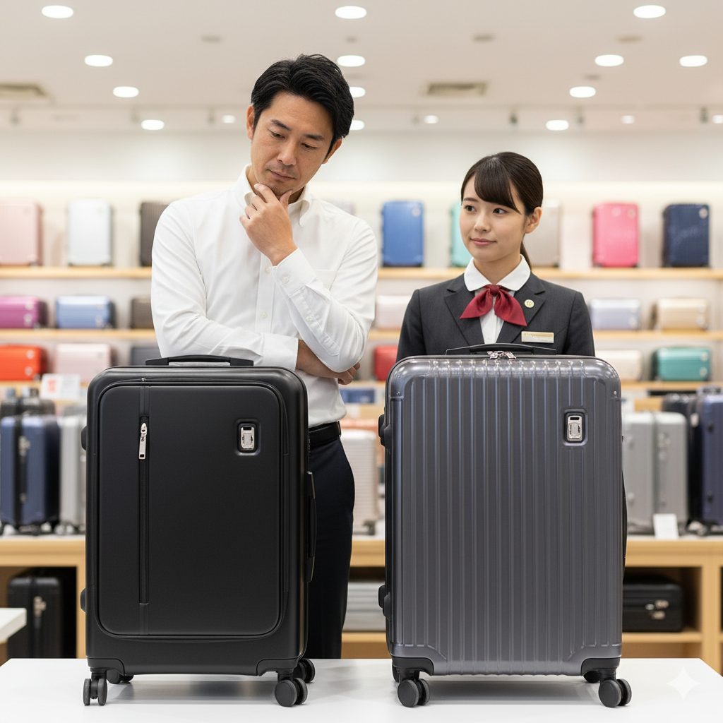 スーツケース売り場で、フロントオープン型と通常型を見比べて熟考する日本人男性客と、説明のために待機する日本人店員。
