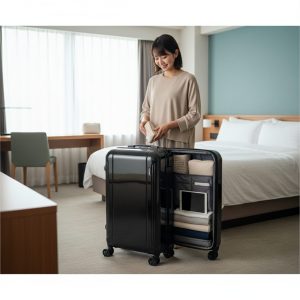 ホテルの部屋でプロテカ360G4スーツケースを縦に開けて荷物を整理する女性