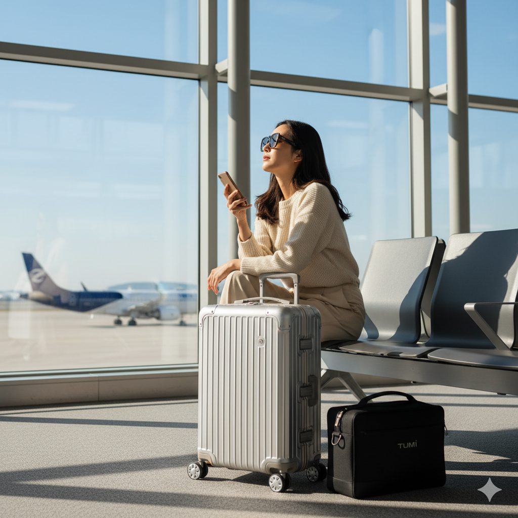 空港のターミナルでおしゃれなキャリーケースの隣に座り、飛行機の出発を待つ日本人女性。