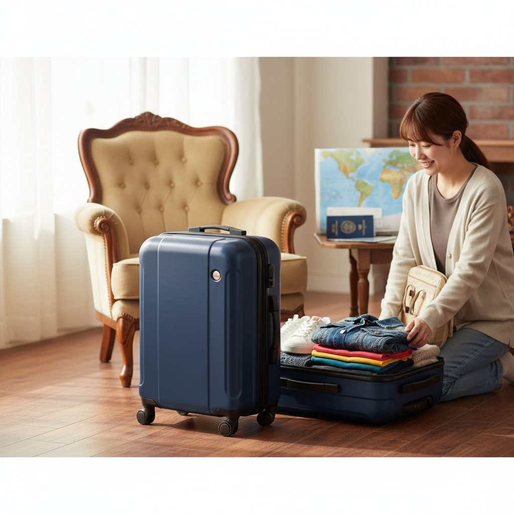 部屋でグリフィンランドのスーツケースに荷物を詰める日本人女性。隣には世界地図とパスポートが置かれている。