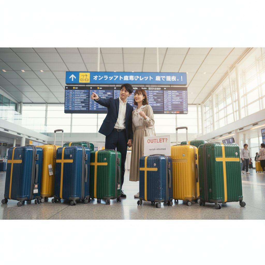 空港の出発ロビーで、カラフルなイノベーターのスーツケースに囲まれながら、電光掲示板を見上げている日本の若いカップル。男性が指をさし、女性が笑顔で寄り添っている。