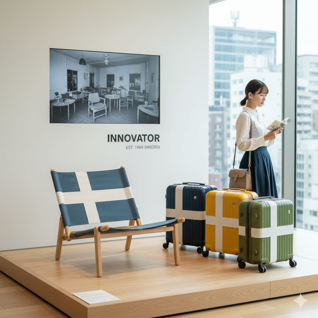 スウェーデンの国旗をモチーフにしたクロスデザインのイノベーターの椅子と3つのスーツケースが展示されたギャラリー。壁にはブランドの歴史を示すモノクロ写真と「INNOVATOR EST. 1969 SWEDEN」の文字があり、窓からは都市の風景が見える。一人の日本人女性がその展示を見ている。