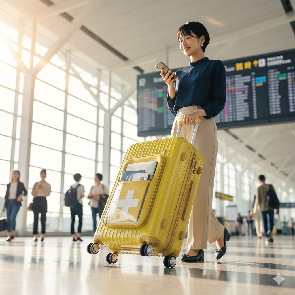 空港の明るいコンコースを笑顔で歩く日本人女性。黄色のイノベーターのスーツケースを引いており、フロントオープン部分から搭乗券やパスポートが見えている。女性はスマートフォンを見ている。