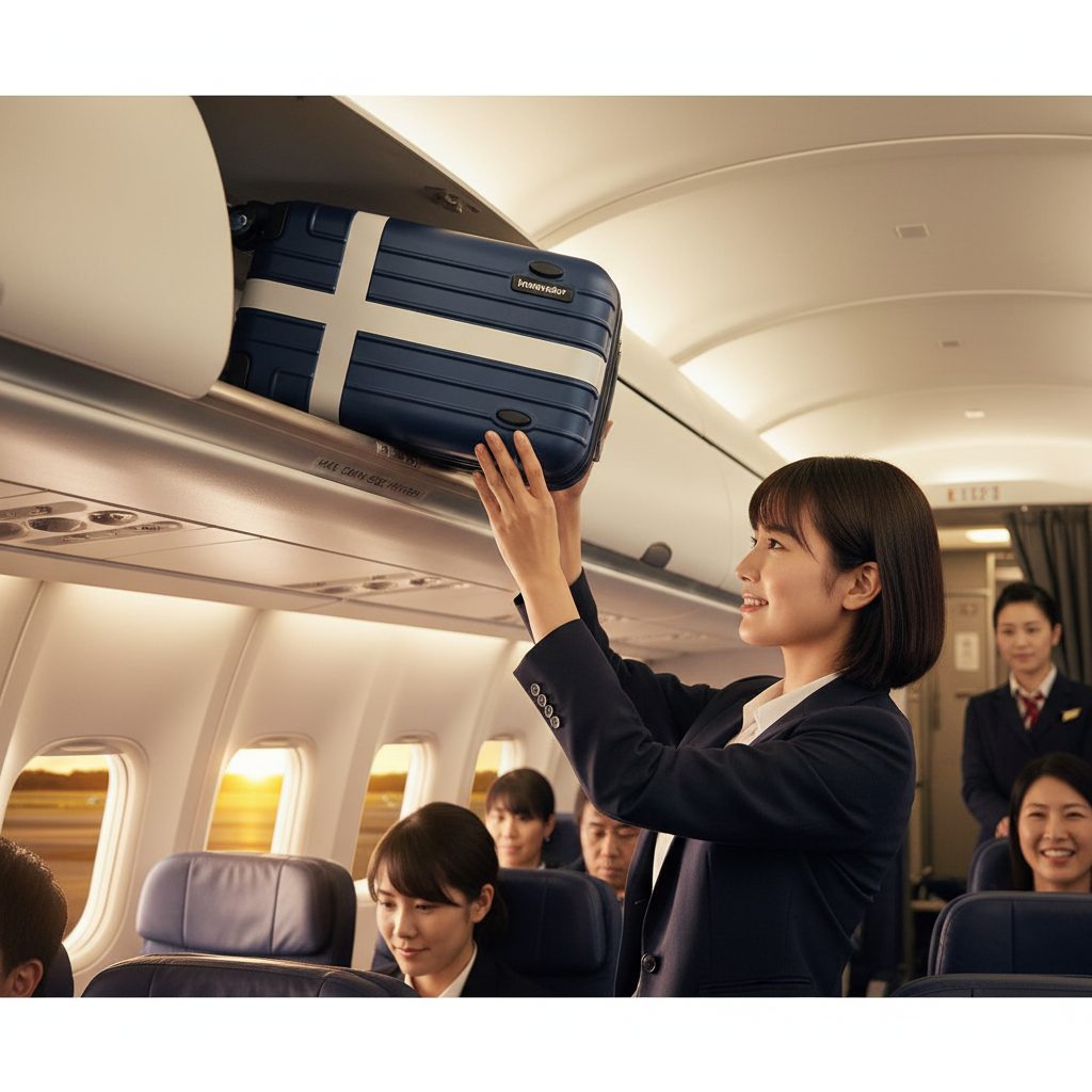 飛行機の機内で、客室乗務員がネイビーのイノベーター製機内持ち込み用スーツケースを頭上の収納棚に収めている。窓の外には夕焼けが見え、他の乗客が座っている。