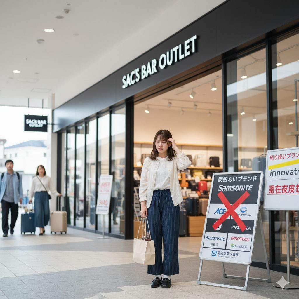 アウトレットモールで、「SAC'S BAR OUTLET」の前で困った表情をしている若い日本人女性。店舗前には「取り扱いブランド」と書かれたボードがあり、サムソナイトのロゴはあるものの、「innovator」には赤いX印が付けられている。