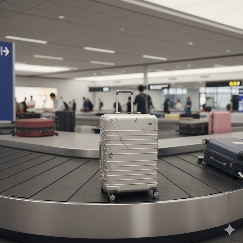 アルミスーツケースが空港のベルトコンベアから出てくる様子。表面にはいくつかの傷やへこみがあり、旅の勲章としての魅力を表現。耐久性とデザイン性を兼ね備えた製品の信頼性を伝える。