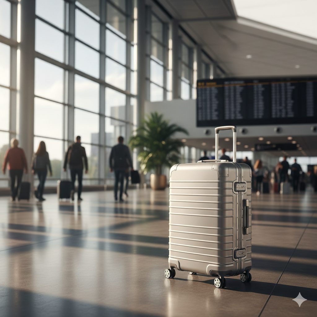 日本人の女性がアルミスーツケースを持ち上げようとして、少し重そうにしている様子。スーツケースの重量感を視覚的に表現し、ポリカーボネート製モデルとの比較を促す。