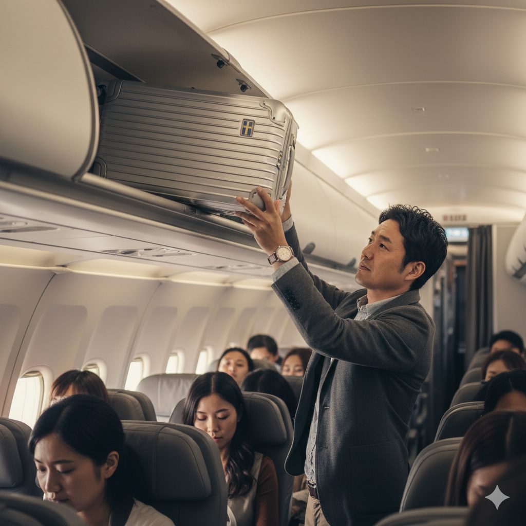 機内持ち込みサイズのアルミスーツケースを頭上の荷物入れに収納しようとしている日本人の旅行者。サイズ感と機内での利用イメージを具体的に示す。