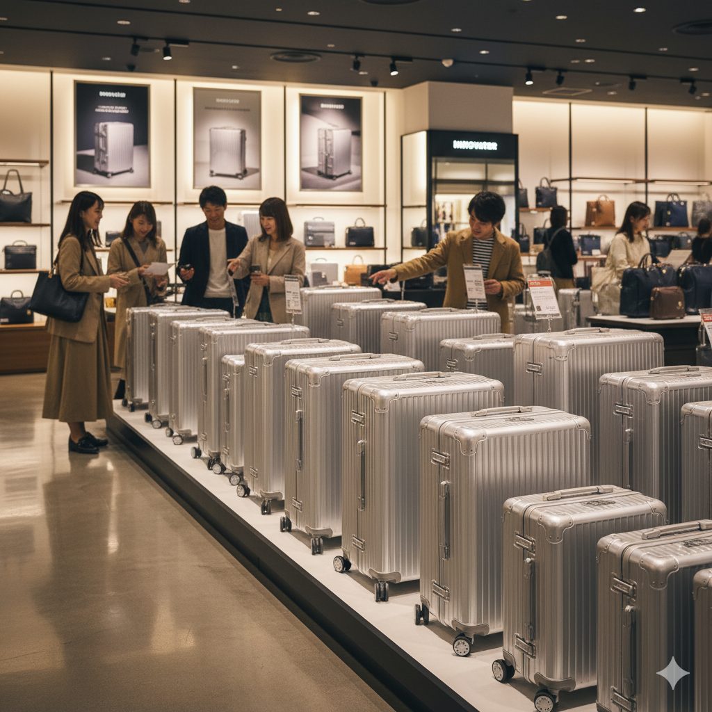 複数のサイズのアルミスーツケースが並べられたショッピングフロア。多様な選択肢と購入への期待感を高める。