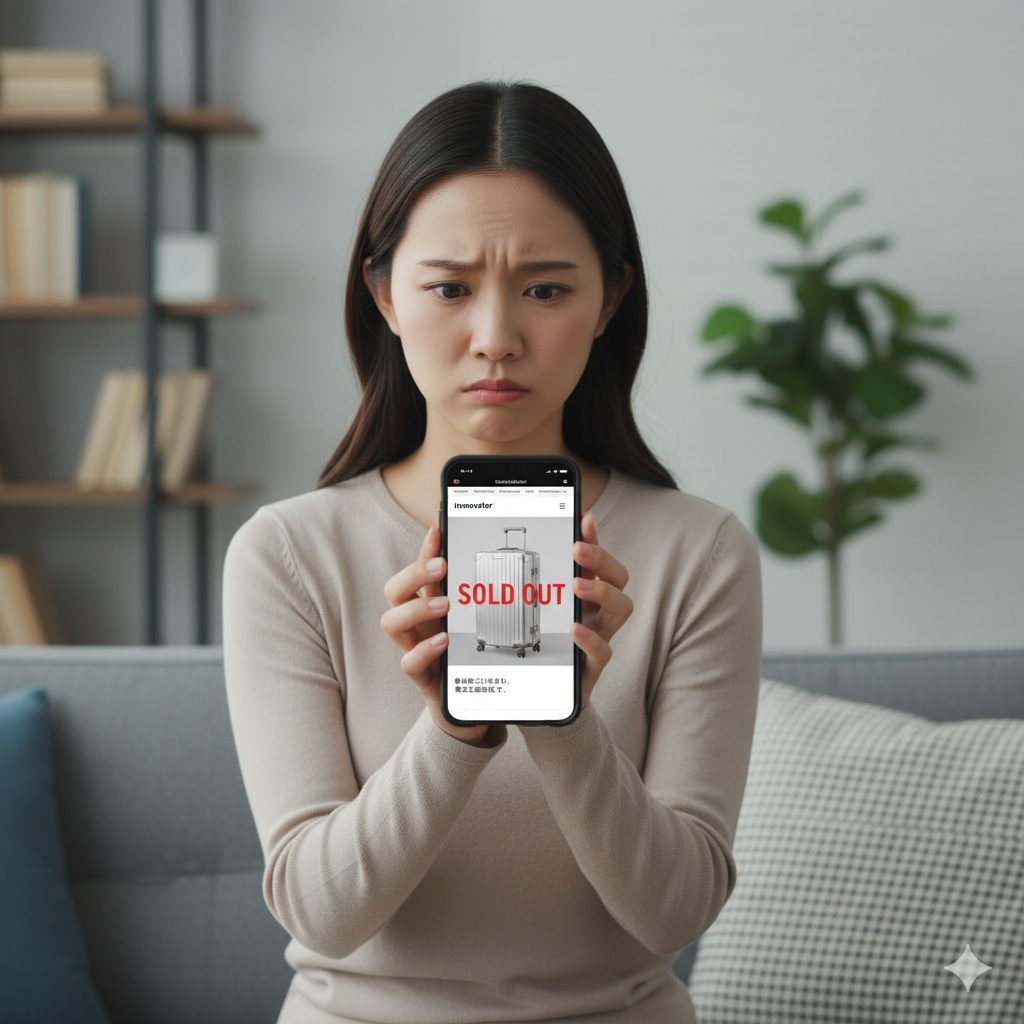 スマートフォンでオンラインショップを見ていて、「SOLD OUT」と表示されたアルミスーツケースに落胆する日本人の女性。人気による品薄状態を表現し、共感を誘う。