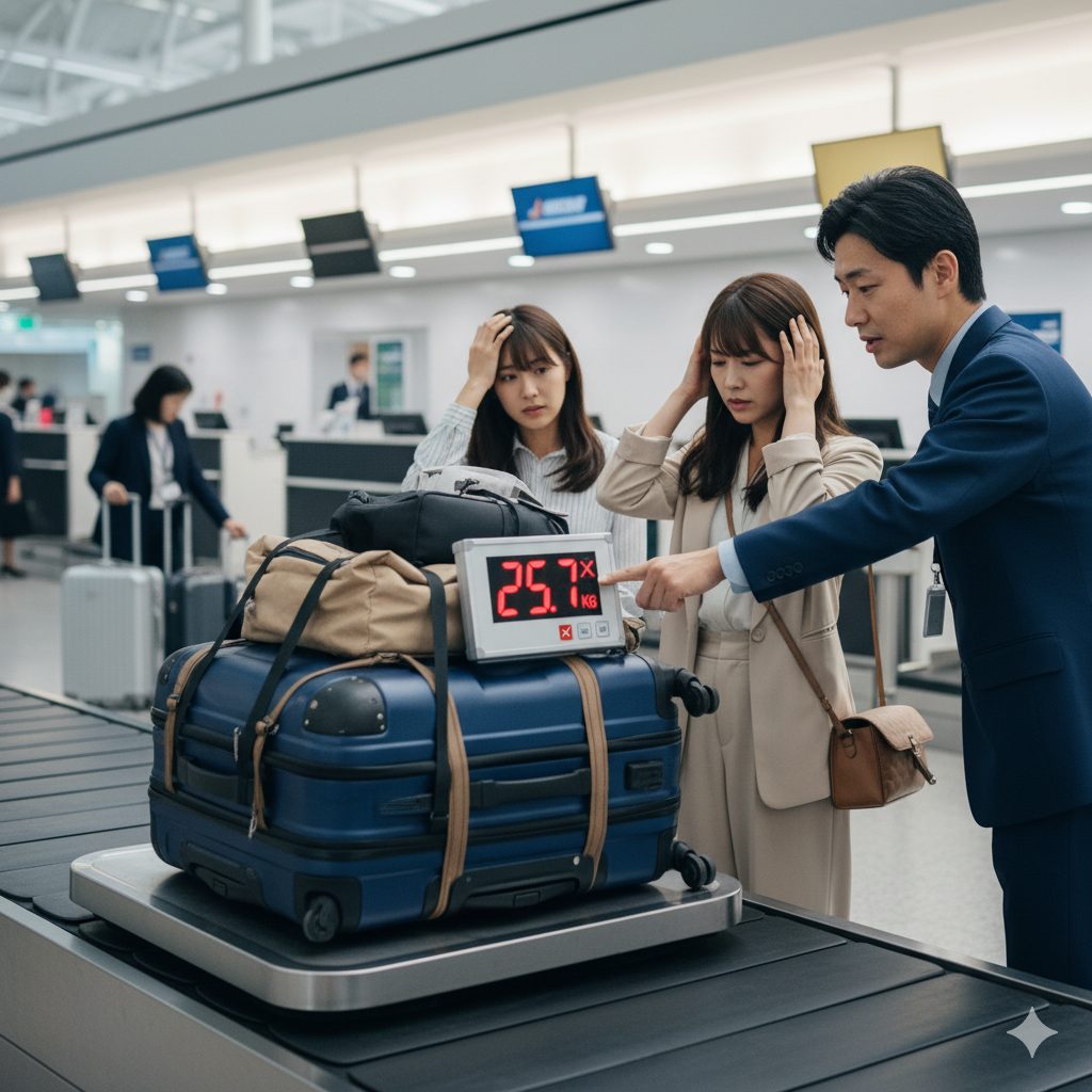 空港のカウンターで、重量オーバーを示すデジタル表示の荷物を前に頭を抱える2人の日本人女性と、説明をする男性スタッフ。重量制限の重要性を強調。