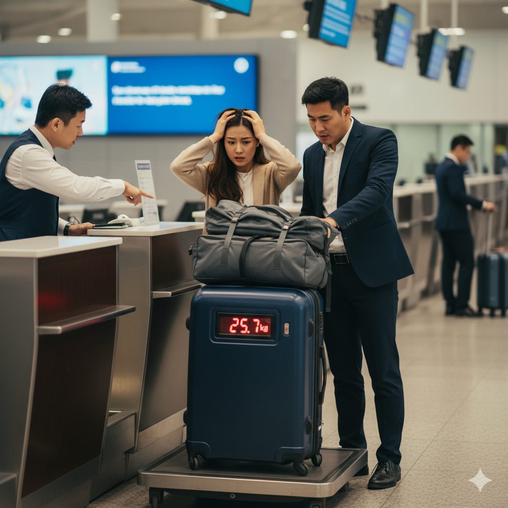 空港のカウンターで、重量オーバーのスーツケースに困惑する日本人カップル。男性スタッフが手荷物規定を説明している様子で、海外旅行における手荷物制限の厳しさを表現。