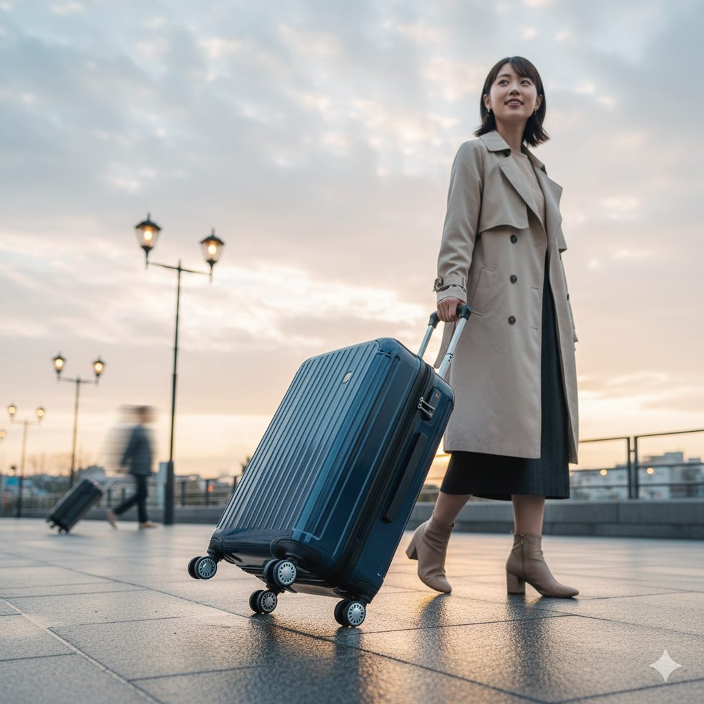 夕暮れの屋外の歩道を、静音キャスター付きのスーツケースをスムーズに引いて歩く日本人女性。彼女の表情は穏やかで、快適な移動を表現。