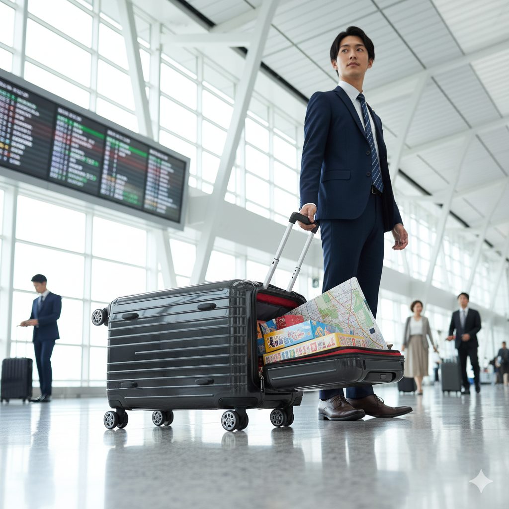 空港ロビーで、拡張機能付きのスーツケースを引くビジネススーツ姿の日本人男性。拡張された部分からお土産や地図が見え、旅行先での買い物を楽しんだ様子。