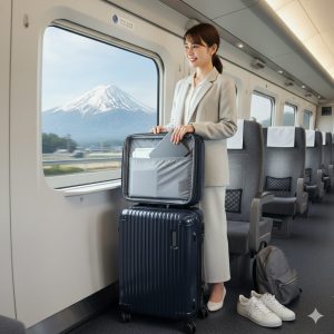 新幹線の中で、窓の外の富士山を眺めながら片面開きのスーツケースからPCを取り出す日本のビジネスウーマン。