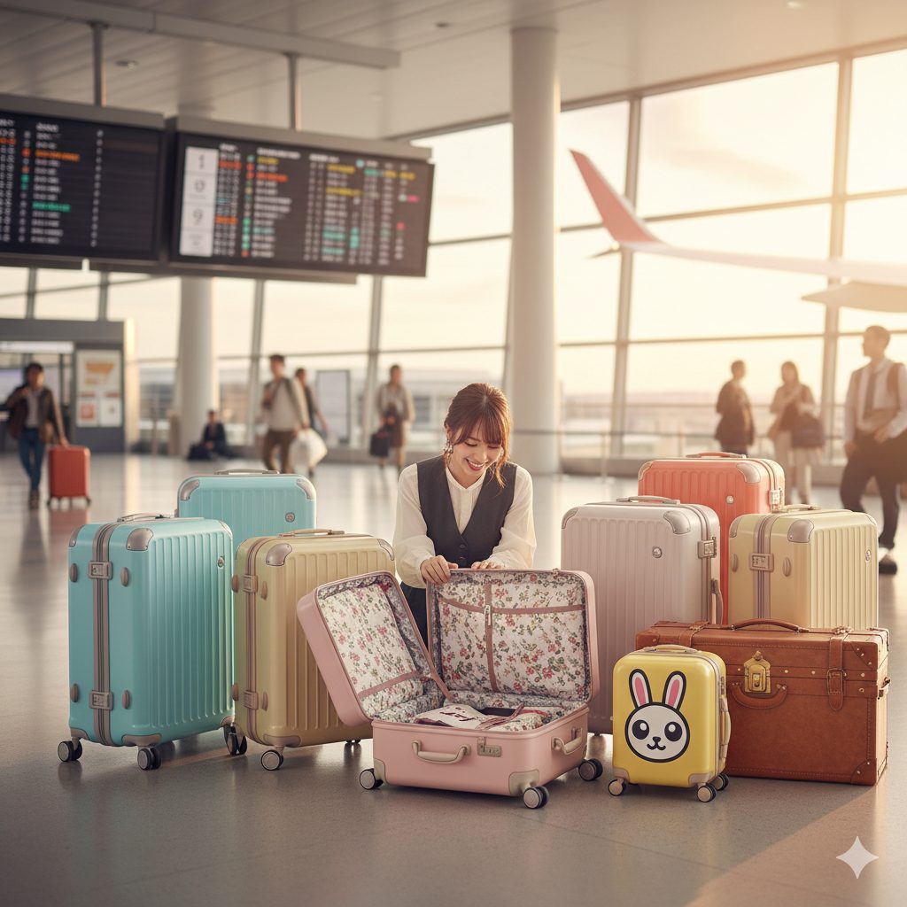 空港の出発ロビーで、様々な色やデザインの可愛いスーツケースに囲まれ、ピンク色のスーツケースの中身を笑顔で確認するアジア人女性。奥には出発案内板や飛行機が見える。