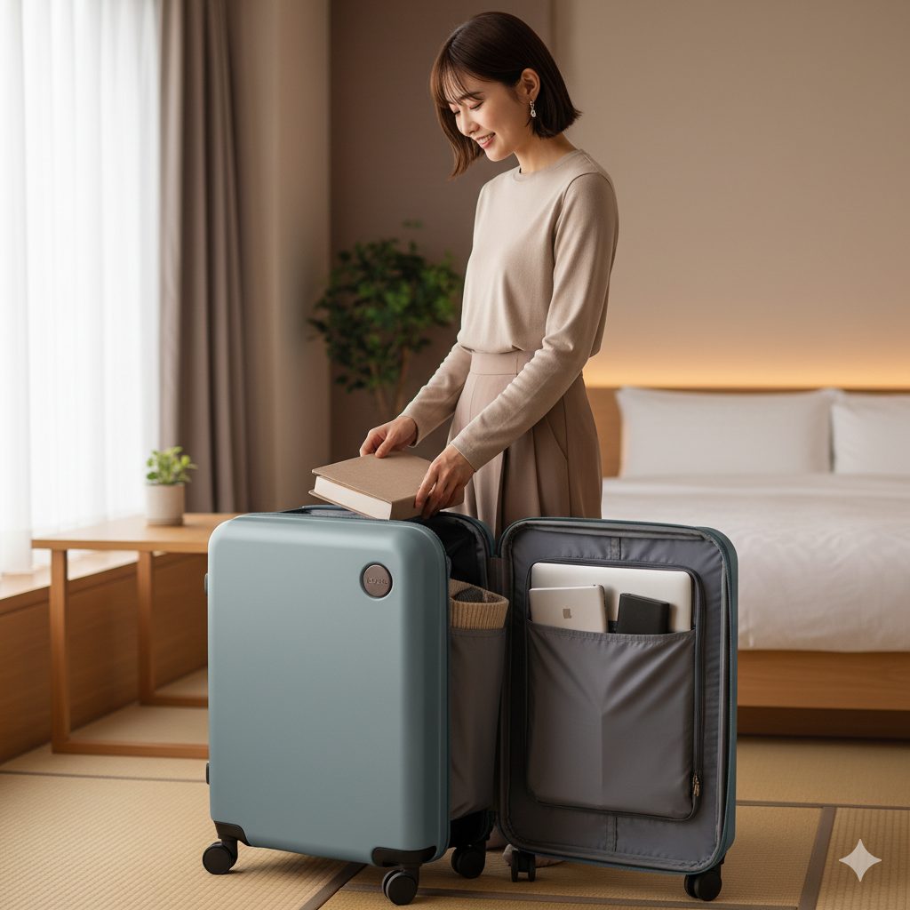 ホテルの和室で、片面開きの水色スーツケースから本を取り出しているアジア人女性。スーツケースのフロントポケットにはノートPCやタブレットが収納されている。