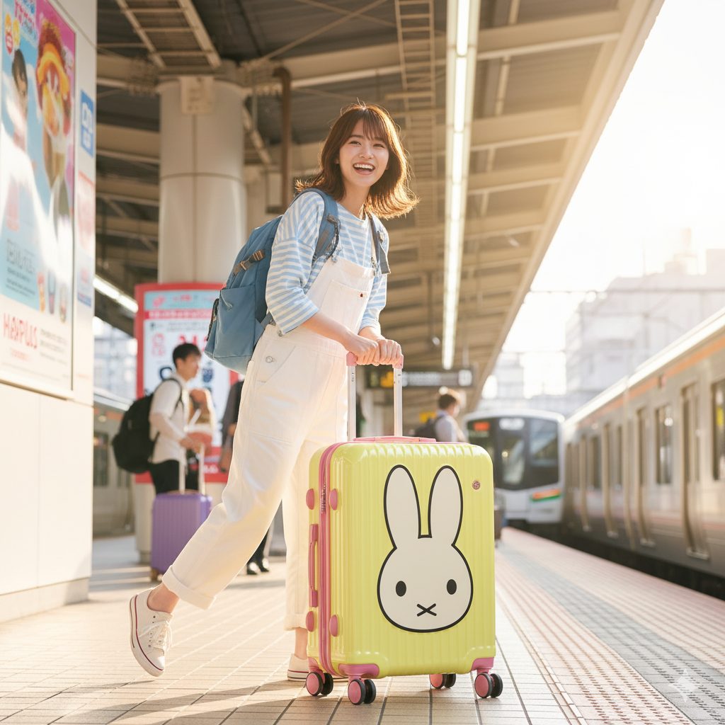 駅のホームで、大きなミッフィーの顔がデザインされた黄色いスーツケースを引いて、笑顔で振り返るアジア人女性。列車が背景に見える。