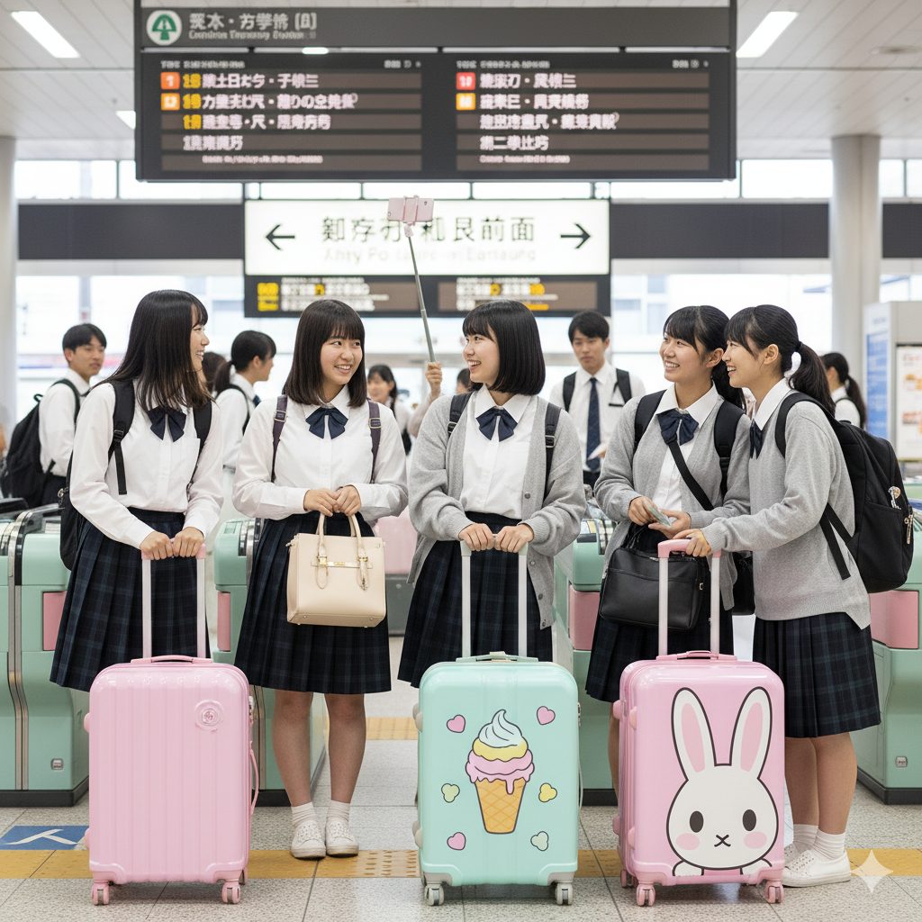 駅の改札前で、可愛いパステルカラーのスーツケースをそれぞれ持った制服姿のアジア人女子高校生たちが楽しそうに話している。背景には他の学生や案内板が見える。