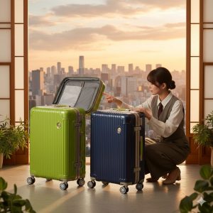 窓から都市の夕焼けが見える部屋で、和室のような雰囲気の中、二つのプロテカコーリーシリーズのスーツケース（ライムグリーンとピーコックブルー）を比較検討している日本人女性。