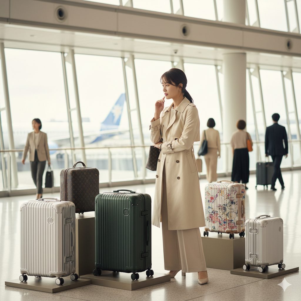 広々とした空港のロビーで、さまざまな高級キャリーケースが並べられ、旅行への期待感が高まる様子。中央にはスタイリッシュな日本人女性が自分の理想のキャリーケースを探している。