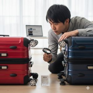 偽物のスーツケースと本物を見分けようと、キャスター部分を虫眼鏡で注意深く確認している日本人男性。2つのスーツケースの間には保証書が置かれている。