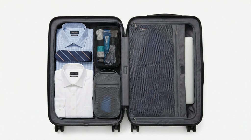 2泊3日の出張を想定して整理整頓された機内持ち込みサイズスーツケースの内部。ワイシャツ、ネクタイ、洗面用具ポーチ、ノートPCなどが効率的に収納されている。