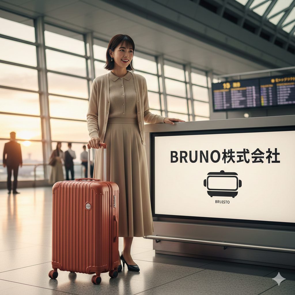 空港ロビーでオレンジ色のスーツケースの横に立ち、笑顔で情報ディスプレイを見つめる日本人女性。ディスプレイには「BRUNO株式会社」のロゴが表示されている。