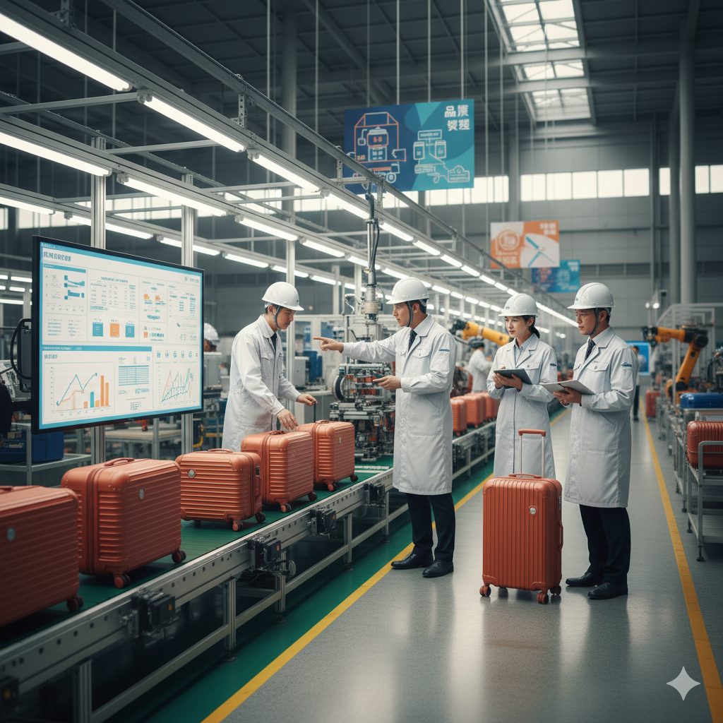 中国の工場で、ベルトコンベアを流れるスーツケースを品質管理担当の日本人技術者たちが真剣な表情で確認している。