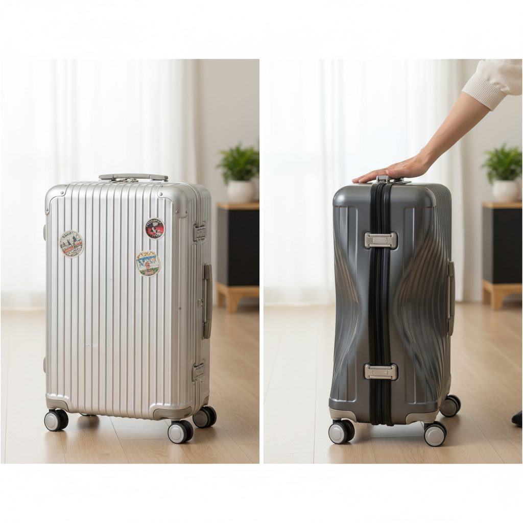 無印良品のアルミ製スーツケース（左）とポリカーボネート製スーツケース（右）を比較した2分割画像。左はステッカーが貼られたシルバーのアルミケース、右は女性の手が触れるダークグレーのポリカーボネートケースで、それぞれの素材感が対比されている。