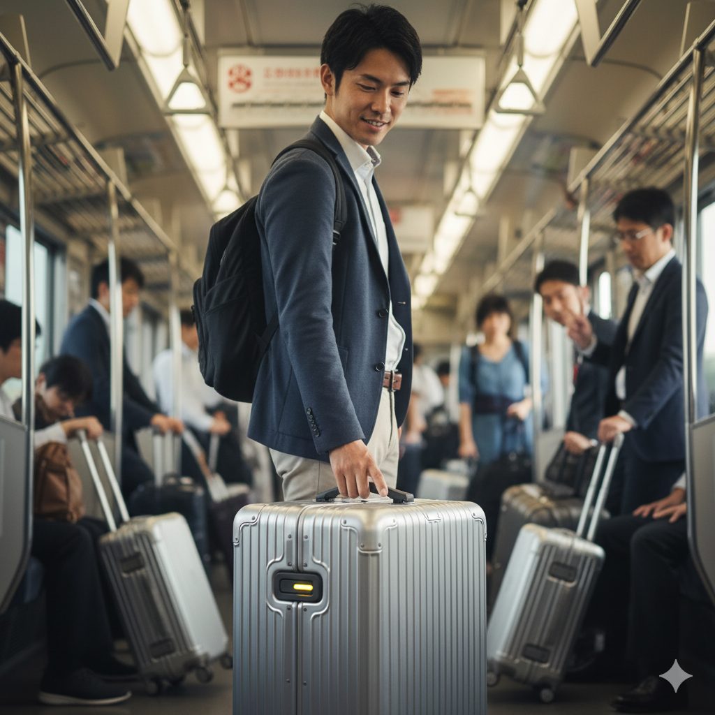 混雑した通勤電車の中で、ストッパー機能付きの無印良品アルミ製スーツケースのハンドルに手を置き、笑顔で立っているアジア人男性。他の乗客も各自のスーツケースを携えている。