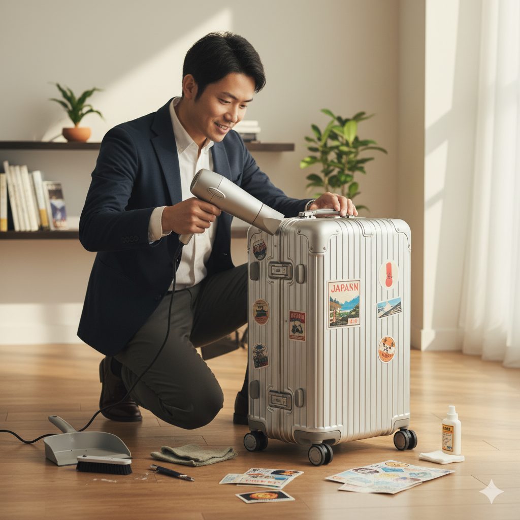 明るいリビングで、膝をついて笑顔で無印良品のアルミ製スーツケースにステッカーを貼り、ドライヤーで温めて定着させているアジア人男性。周りには清掃用具やステッカーが散らばっている。