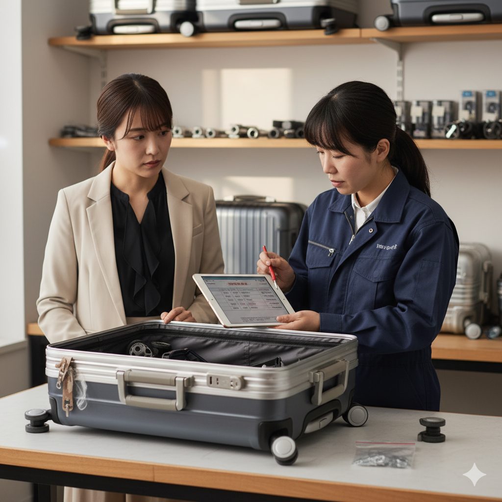 スーツケース修理店で、壊れた無印良品のアルミ製スーツケースを見ながら、タブレットで修理費用について日本人女性店員から説明を受けている日本人女性。