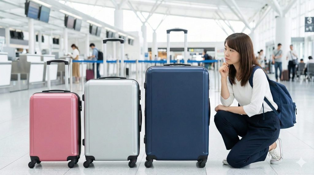 空港のロビーで、小（ピンク）、中（シルバー）、大（ネイビー）の3つの異なるサイズのスーツケースを並べ、日本人女性旅行者が真剣な表情で見比べている様子。宿泊日数に応じたサイズ選びの重要性を示唆。