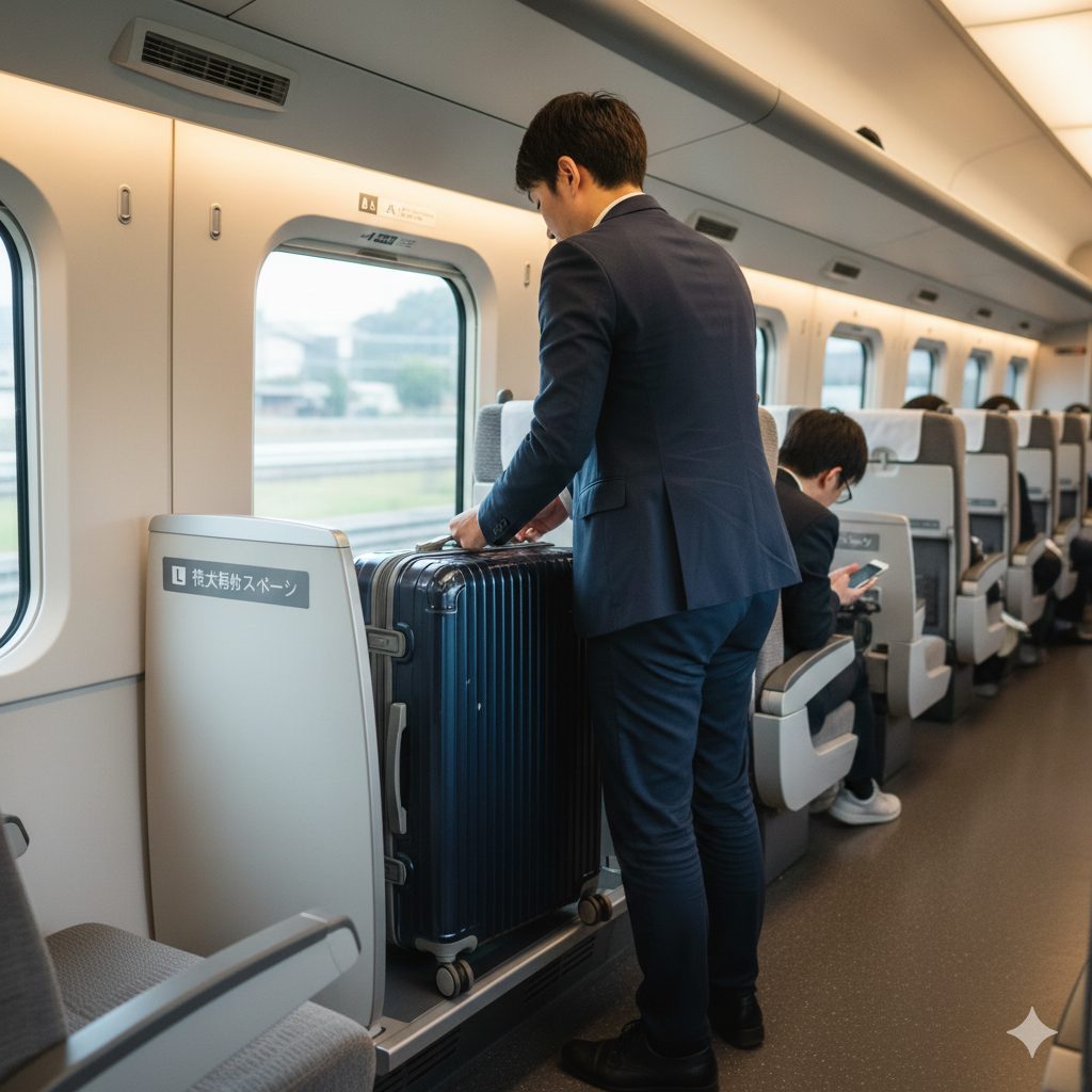 東海道・山陽新幹線の最後部座席後ろにある特大荷物スペースにスーツケースを収納する様子