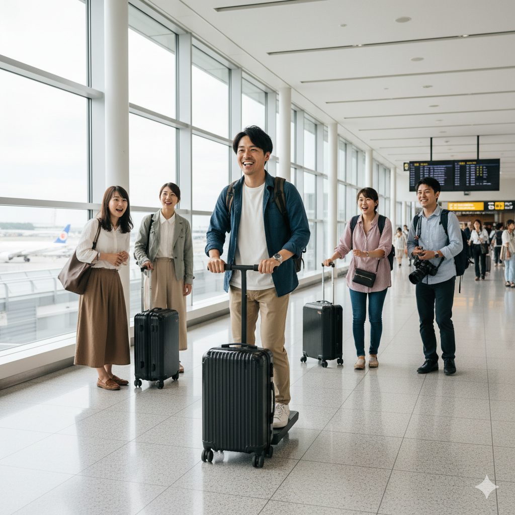 空港のターミナルを電動スーツケースに乗って笑顔で移動する日本人男性と、それを見て楽しそうに話す友人たち。