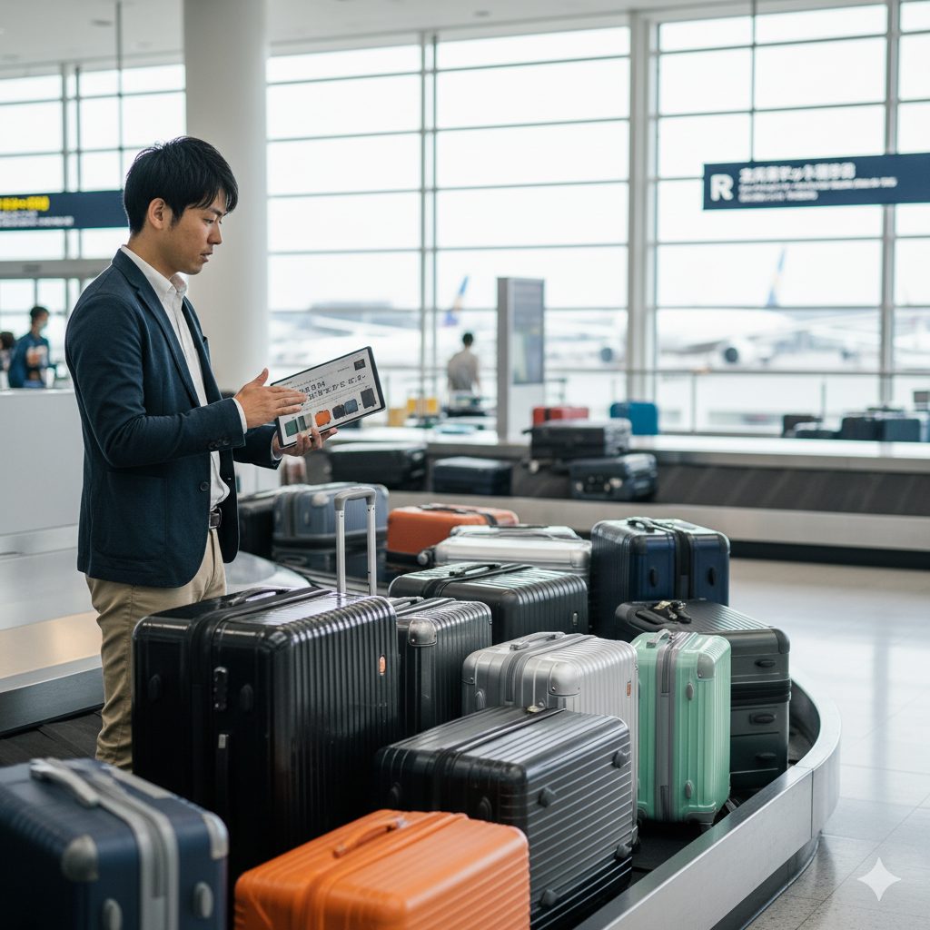 空港のターンテーブルでスーツケースの色選びに悩む男性