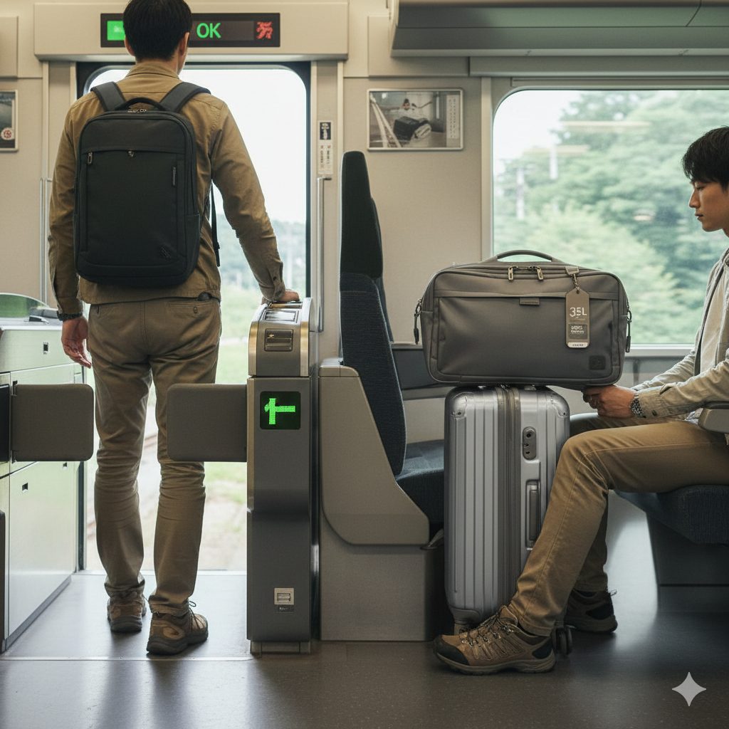 電車内で機内持ち込みサイズのスーツケースとボストンキャリーを使いこなす日本人旅行者たち。