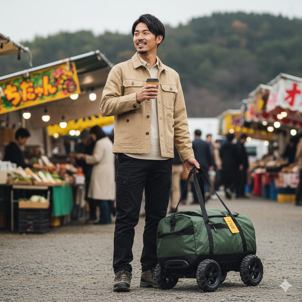 屋外の市場でコーヒーカップを持ち、タフなキャリーバッグを引いて笑顔を見せる日本人男性。
