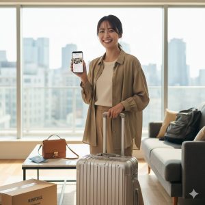 窓から都市の景色が見える明るいリビングルームで、笑顔の若い日本人女性が銀色のスーツケースに手を置き、スマートフォンでスーツケースレンタルサイトを表示している。横には段ボール箱や旅行用バッグがある。