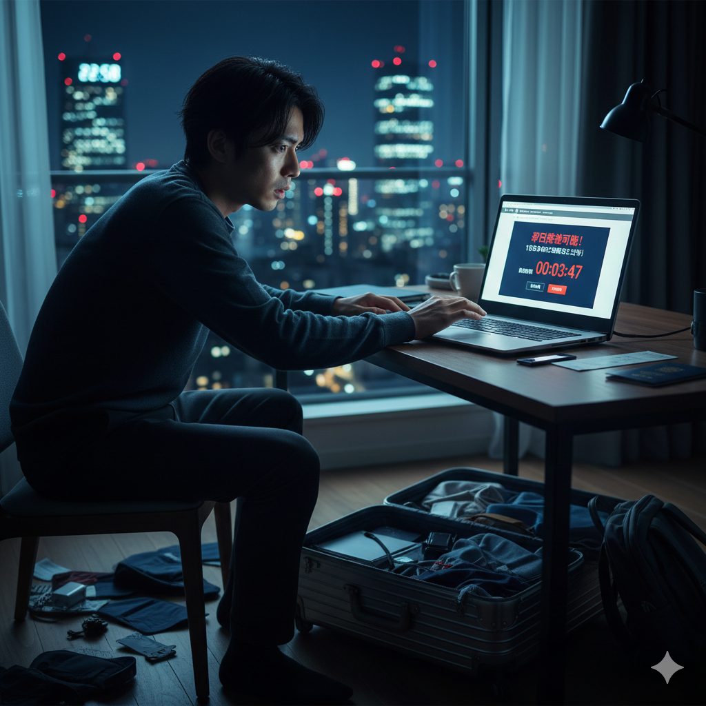 夜遅く、窓の外に都市の夜景が広がる部屋で、開かれたスーツケースの隣でノートPCを使い、即日発送の締め切りが迫るレンタルサイトを焦って見ている日本人男性。
