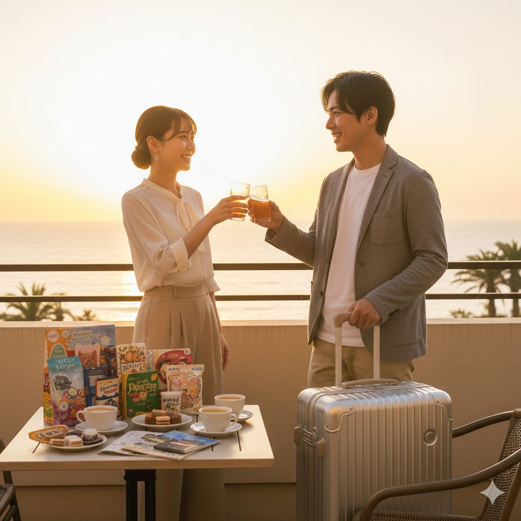 夕日が海に沈むバルコニーで、テーブルにたくさんのお土産が並び、スーツケースの隣でドリンクを片手に笑顔で乾杯する日本人カップル。