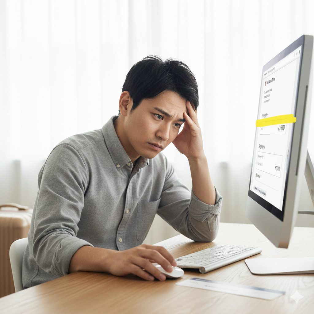 自宅のデスクでパソコンの画面を見ながら、想定外の送料に頭を抱えている日本人男性。画面にはウェブサイトの料金明細が表示されている。