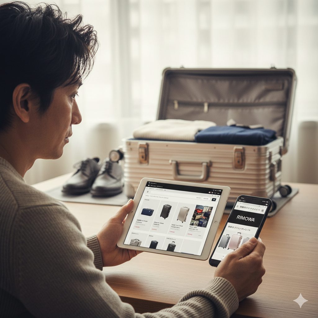 自宅でタブレットとスマートフォンを操作し、スーツケースのレンタルサイトやブランドのウェブページを比較検討している日本人男性。手前には靴が置かれ、奥には衣類を収納途中のスーツケースが見える。