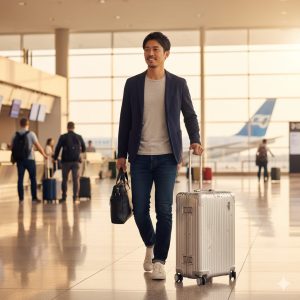 空港の出発ロビーをリモワのスーツケースを引いて歩く日本人男性。彼の後ろには飛行機が見える。