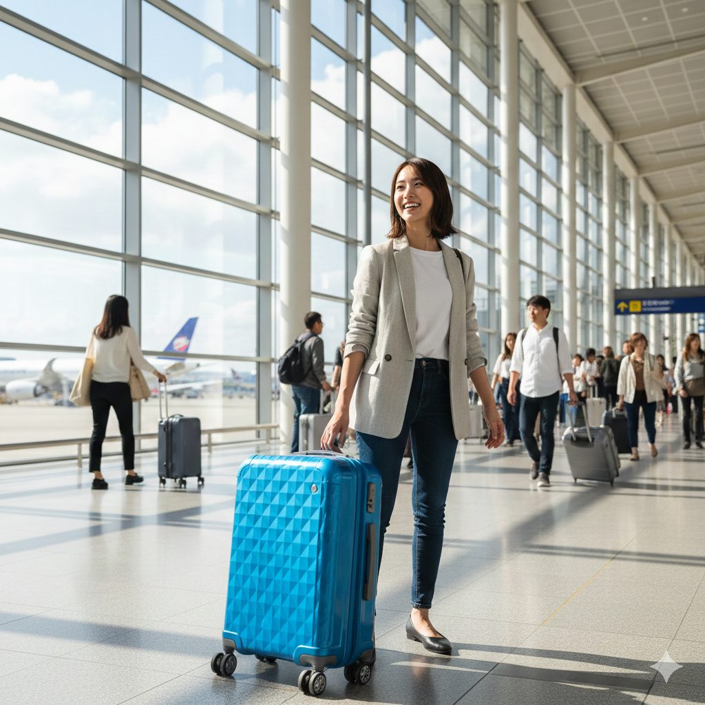 空港の明るいコンコースを笑顔で歩く日本人女性が、鮮やかな青色のロンカートスーツケースを引いている。